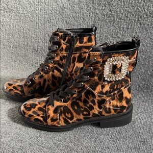Alex Marie Leopard Print Patent Ankle Boots with Rhinestone Buckle 9M
